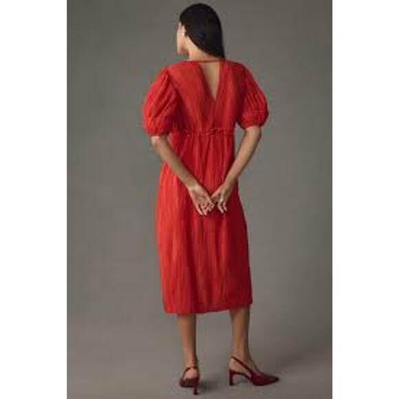 Anthropologie V-Neck Pleated Slim Midi Dress Red Holiday Party Christmas Chic S - Picture 3 of 5